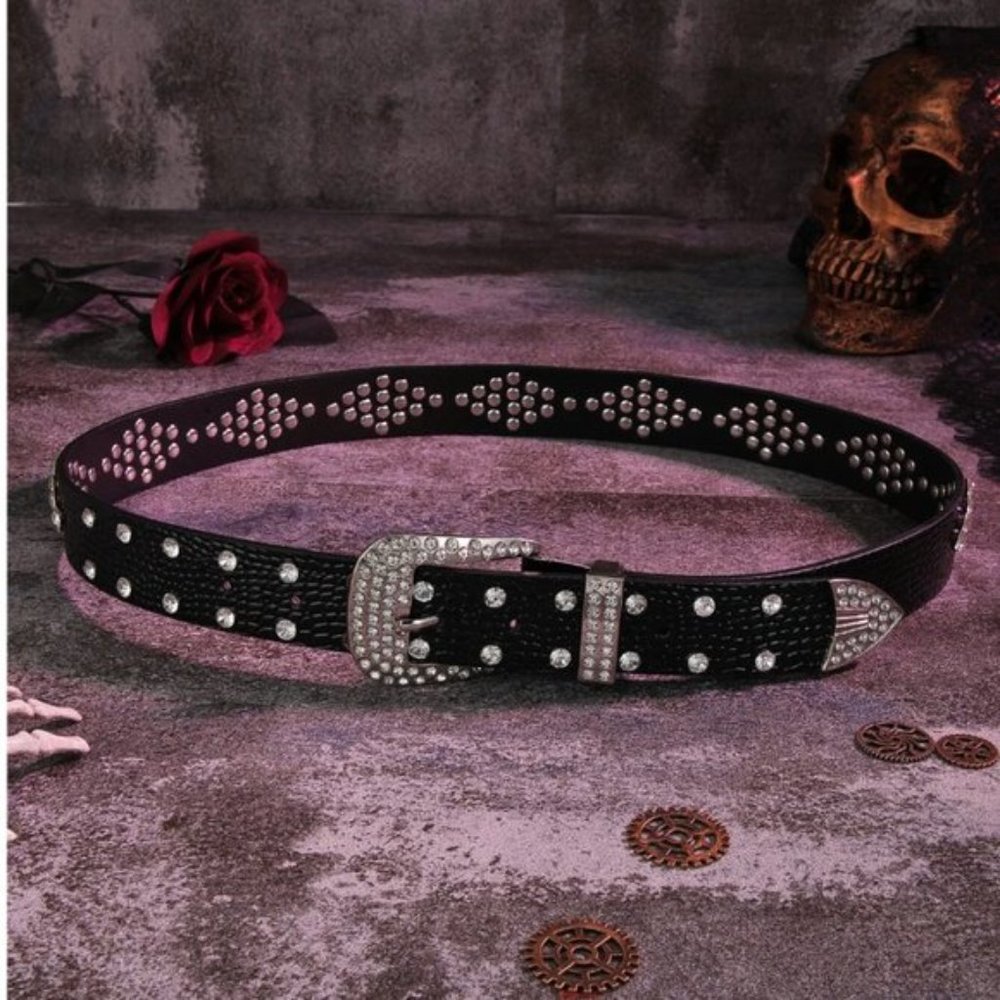 Vegan Black Crocodile Embossed Rhinestone Belt - Picture 3 of 6